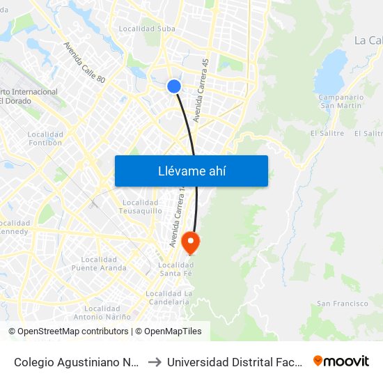 Colegio Agustiniano Norte (Ac 116 - Av. Suba) to Universidad Distrital Facultad Del Medio Ambiente map