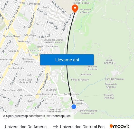 Universidad De América (Av. Circunvalar - Cl 19a) to Universidad Distrital Facultad Del Medio Ambiente map