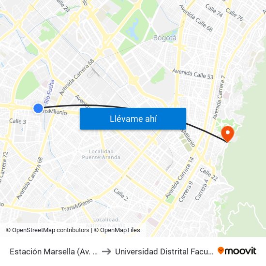 Estación Marsella (Av. Américas - Kr 69c) (A) to Universidad Distrital Facultad Del Medio Ambiente map