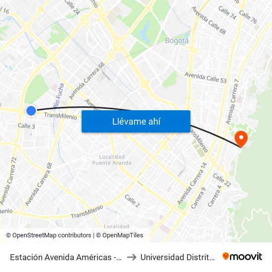 Estación Avenida Américas - Avenida Boyacá (Av. Américas - Kr 71b Bis) to Universidad Distrital Facultad Del Medio Ambiente map