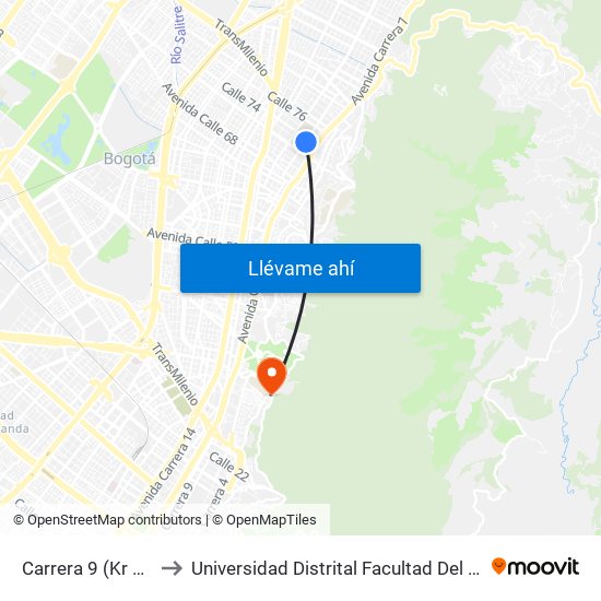 Carrera 9 (Kr 9 - Cl 73) to Universidad Distrital Facultad Del Medio Ambiente map