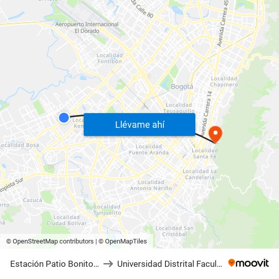 Estación Patio Bonito (Ac 38 Sur - Kr 86a) to Universidad Distrital Facultad Del Medio Ambiente map