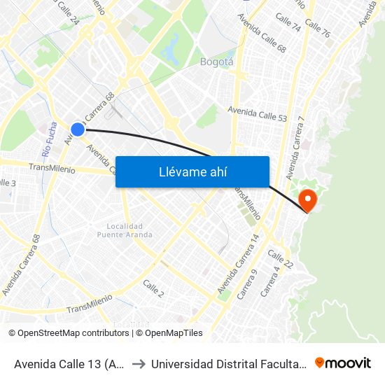 Avenida Calle 13 (Ak 68 - Ac 13) (A) to Universidad Distrital Facultad Del Medio Ambiente map