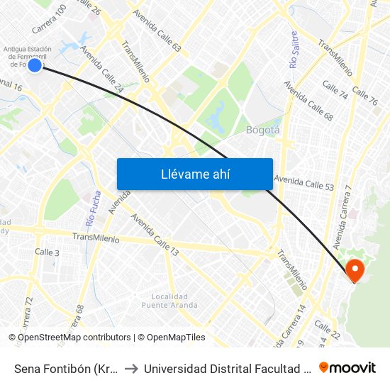 Sena Fontibón (Kr 96c - Cl 20a) to Universidad Distrital Facultad Del Medio Ambiente map