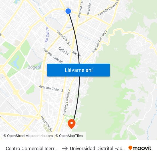 Centro Comercial Iserra 100 (Ac 100 - Kr 54) (B) to Universidad Distrital Facultad Del Medio Ambiente map