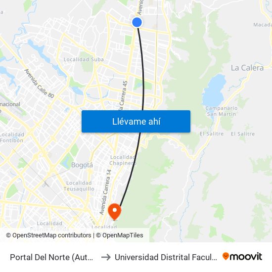 Portal Del Norte (Auto Norte - Cl 172a) (A) to Universidad Distrital Facultad Del Medio Ambiente map