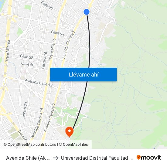 Avenida Chile (Ak 7 - Cl 71) (A) to Universidad Distrital Facultad Del Medio Ambiente map
