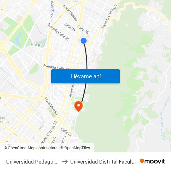 Universidad Pedagógica (Ac 72 - Kr 10) to Universidad Distrital Facultad Del Medio Ambiente map