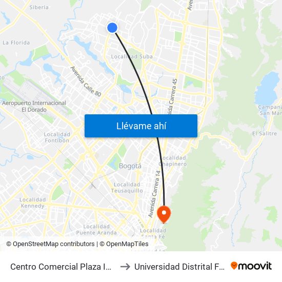 Centro Comercial Plaza Imperial (Av. C. De Cali - Av. Suba) to Universidad Distrital Facultad Del Medio Ambiente map