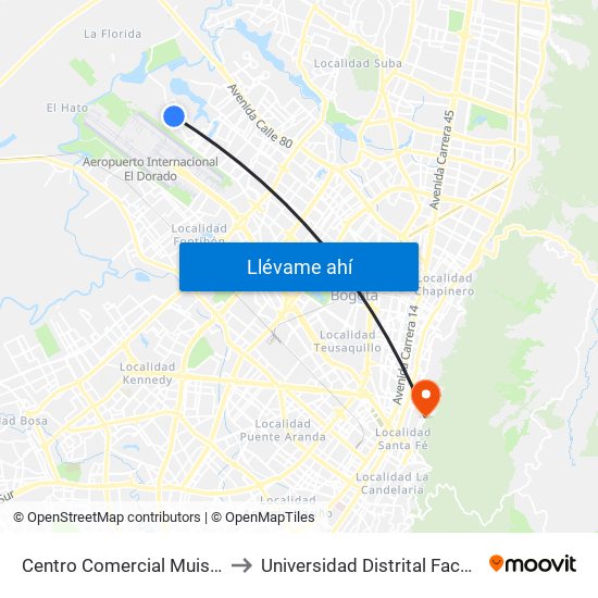 Centro Comercial Muisca (Cl 64 - Kr 118b) (A) to Universidad Distrital Facultad Del Medio Ambiente map