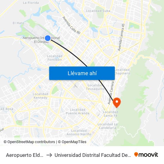 Aeropuerto Eldorado (B) to Universidad Distrital Facultad Del Medio Ambiente map
