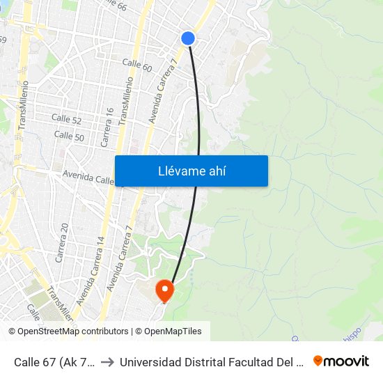 Calle 67 (Ak 7 - Cl 66) to Universidad Distrital Facultad Del Medio Ambiente map