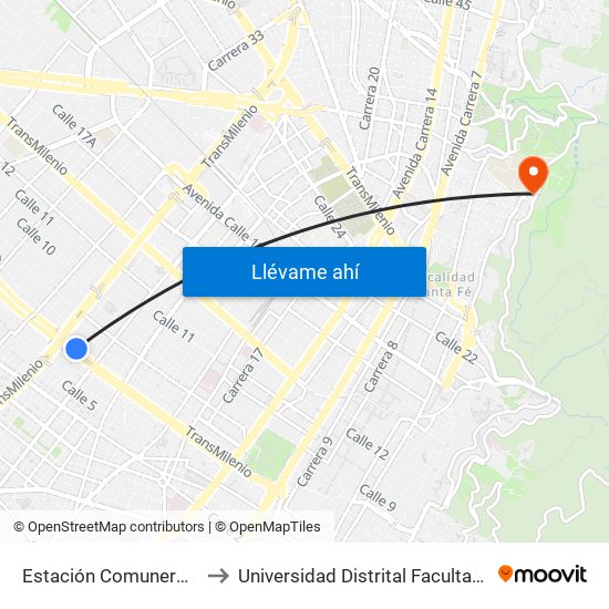 Estación Comuneros (Ac 6 - Ak 30) to Universidad Distrital Facultad Del Medio Ambiente map