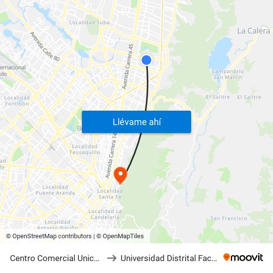 Centro Comercial Unicentro (Ak 15 - Cl 124) (B) to Universidad Distrital Facultad Del Medio Ambiente map