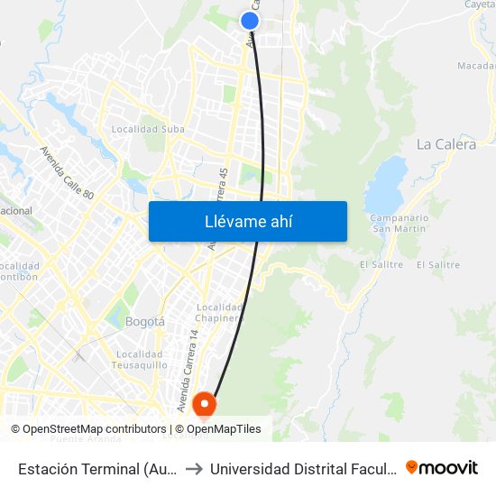 Estación Terminal (Auto Norte - Cl 191) (A) to Universidad Distrital Facultad Del Medio Ambiente map