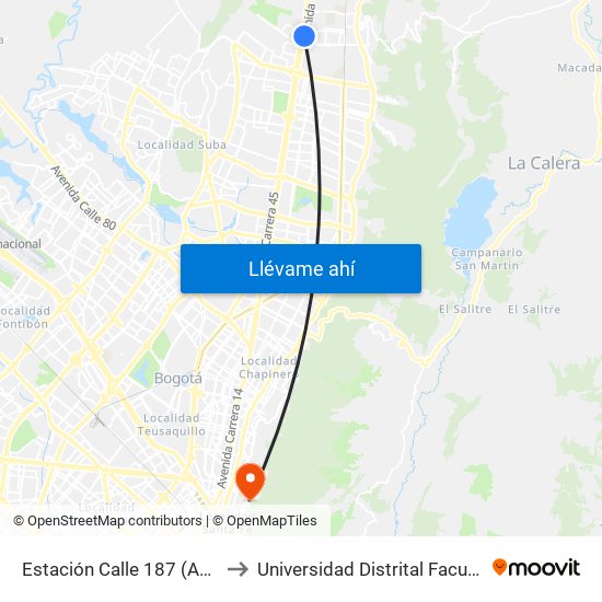 Estación Calle 187 (Auto Norte - Cl 187) (B) to Universidad Distrital Facultad Del Medio Ambiente map