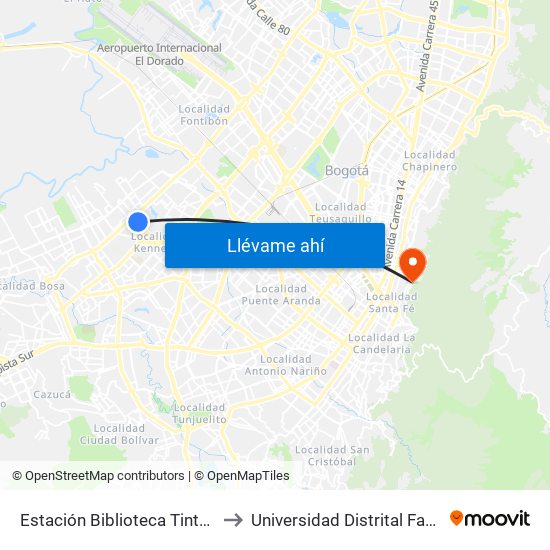 Estación Biblioteca Tintal (Av. Américas - Kr 82) (A) to Universidad Distrital Facultad Del Medio Ambiente map