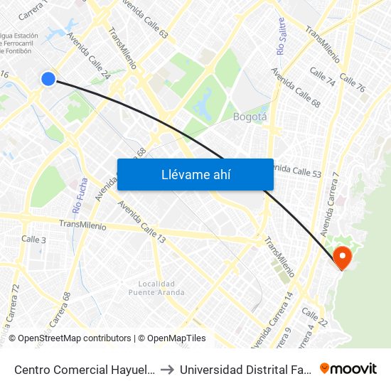 Centro Comercial Hayuelos (Av. C. De Cali - Cl 20) (A) to Universidad Distrital Facultad Del Medio Ambiente map