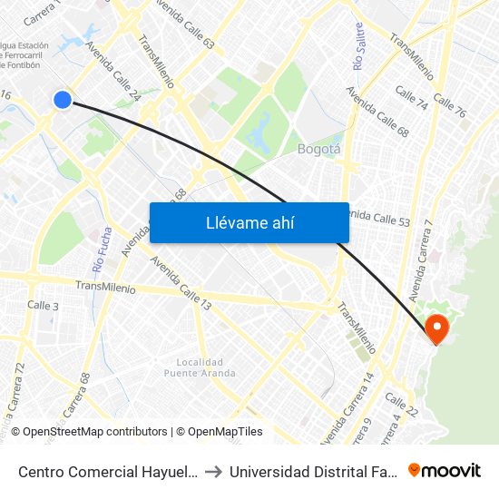 Centro Comercial Hayuelos (Av. C. De Cali - Cl 20) (B) to Universidad Distrital Facultad Del Medio Ambiente map