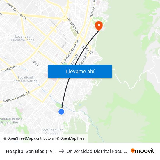 Hospital San Blas (Tv 2b Este - Cl 17 Sur) to Universidad Distrital Facultad Del Medio Ambiente map