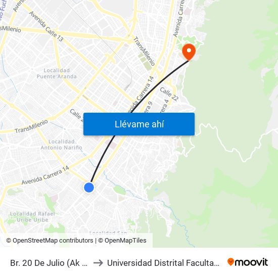 Br. 20 De Julio (Ak 10 - Cl 21a Sur) to Universidad Distrital Facultad Del Medio Ambiente map