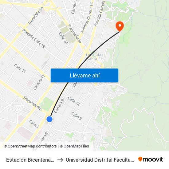 Estación Bicentenario (Kr 9 - Cl 6a) to Universidad Distrital Facultad Del Medio Ambiente map