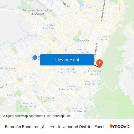 Estación Banderas (Av. Américas - Kr 79b) to Universidad Distrital Facultad Del Medio Ambiente map