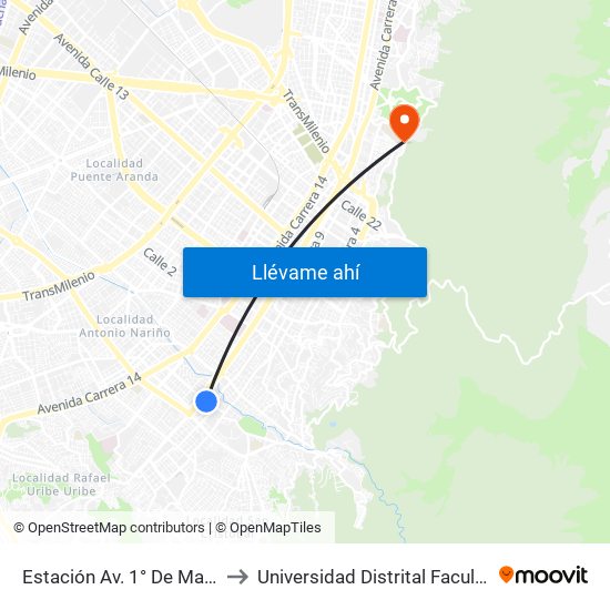 Estación Av. 1° De Mayo (Cl 17 Sur - Kr 9a) to Universidad Distrital Facultad Del Medio Ambiente map