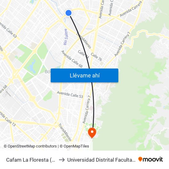 Cafam La Floresta (Ak 68 - Cl 98) (A) to Universidad Distrital Facultad Del Medio Ambiente map