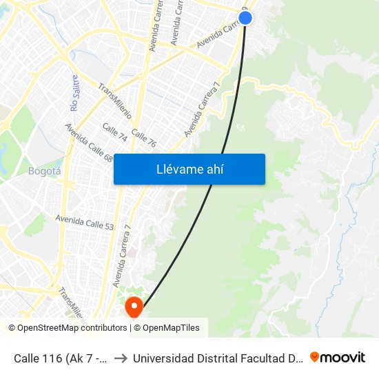Calle 116 (Ak 7 - Cl 116) (A) to Universidad Distrital Facultad Del Medio Ambiente map