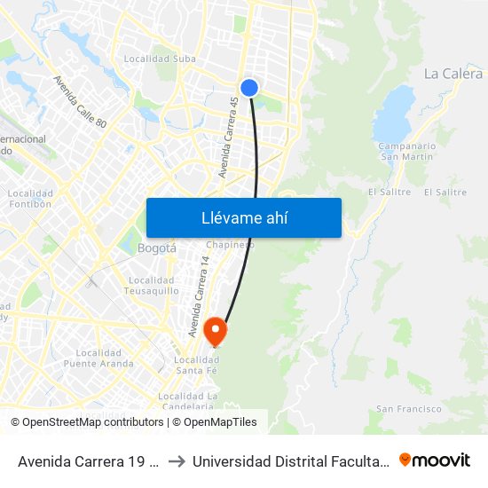 Avenida Carrera 19 (Ac 134 - Ak 19) to Universidad Distrital Facultad Del Medio Ambiente map