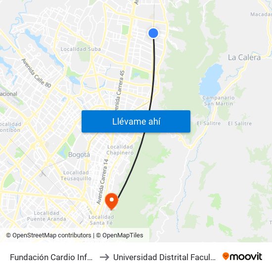 Fundación Cardio Infantil (Ak 9 - Cl 163a) to Universidad Distrital Facultad Del Medio Ambiente map