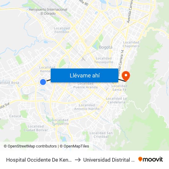 Hospital Occidente De Kennedy (Av. 1 De Mayo - Cl 40b Sur) (B) to Universidad Distrital Facultad Del Medio Ambiente map