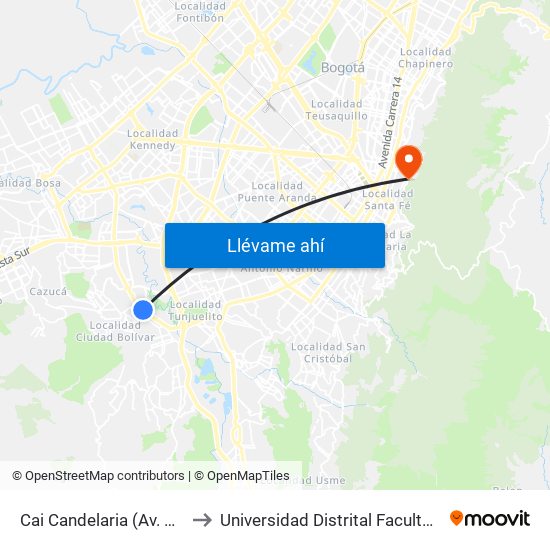Cai Candelaria (Av. V/cio - Kr 43b) (A) to Universidad Distrital Facultad Del Medio Ambiente map