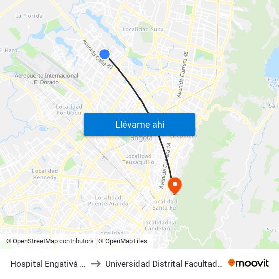 Hospital Engativá (Cl 82 - Ak 96) to Universidad Distrital Facultad Del Medio Ambiente map