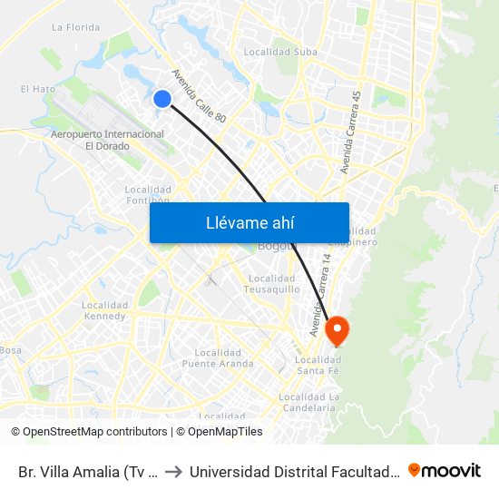 Br. Villa Amalia (Tv 110g - Cl 71c) to Universidad Distrital Facultad Del Medio Ambiente map