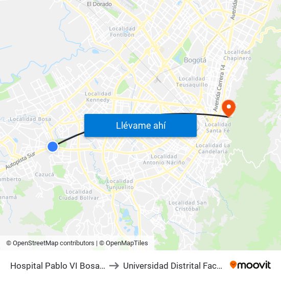 Hospital Pablo VI Bosa (Cl 63 Sur - Kr 77g) (A) to Universidad Distrital Facultad Del Medio Ambiente map