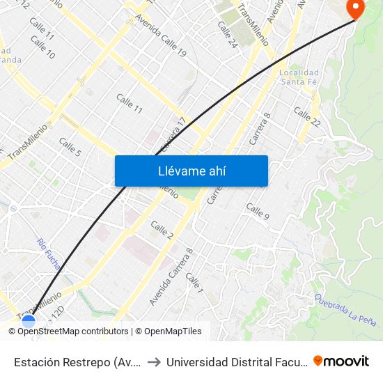 Estación Restrepo (Av. 1 De Mayo - Kr 13) (B) to Universidad Distrital Facultad Del Medio Ambiente map