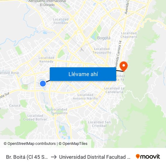 Br. Boitá (Cl 45 Sur - Kr 72m) to Universidad Distrital Facultad Del Medio Ambiente map