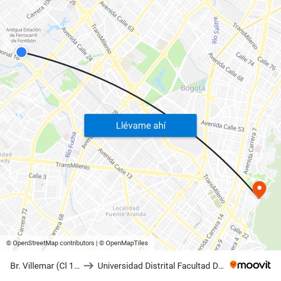 Br. Villemar (Cl 17 - Kr 96b) to Universidad Distrital Facultad Del Medio Ambiente map