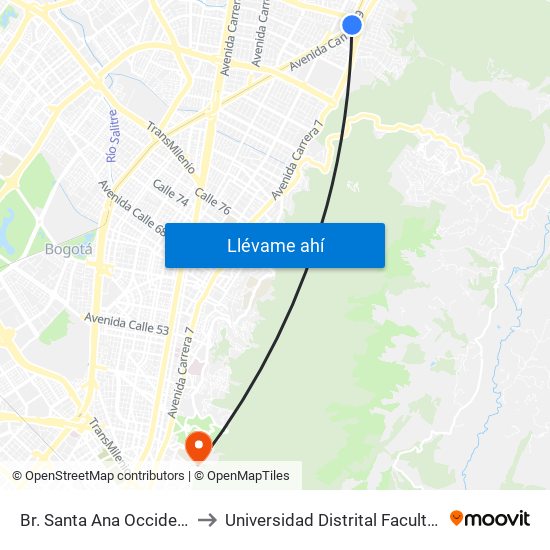 Br. Santa Ana Occidental (Ak 9 - Cl 115) to Universidad Distrital Facultad Del Medio Ambiente map