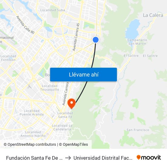 Fundación Santa Fe De Bogotá (Ak 9 - Cl 117a) to Universidad Distrital Facultad Del Medio Ambiente map