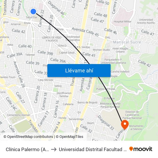 Clínica Palermo (Ak 24 - Cl 45b) to Universidad Distrital Facultad Del Medio Ambiente map