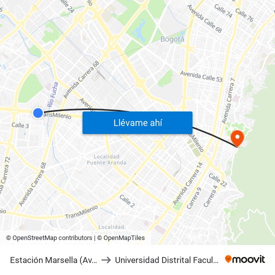 Estación Marsella (Av. Américas - Kr 69b) to Universidad Distrital Facultad Del Medio Ambiente map