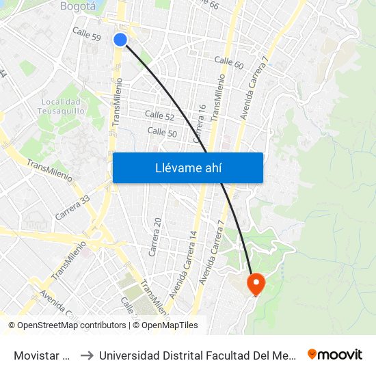 Movistar Arena to Universidad Distrital Facultad Del Medio Ambiente map