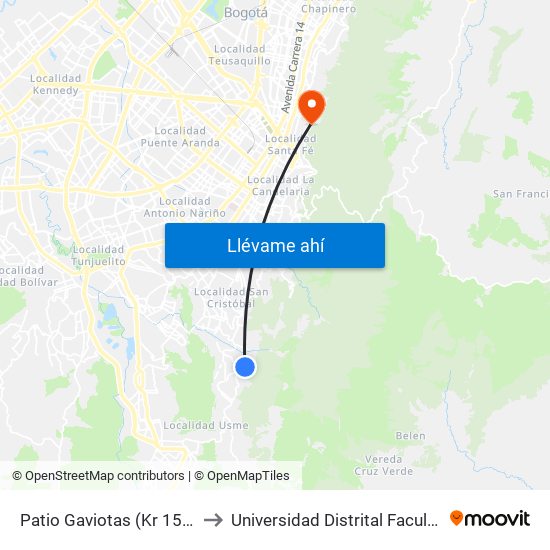 Patio Gaviotas (Kr 15 Este - Cl 48 Sur) (B) to Universidad Distrital Facultad Del Medio Ambiente map