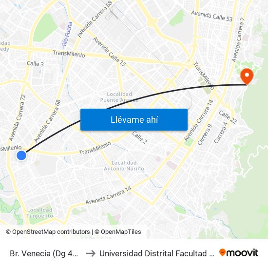 Br. Venecia (Dg 47a Sur - Kr 53) to Universidad Distrital Facultad Del Medio Ambiente map