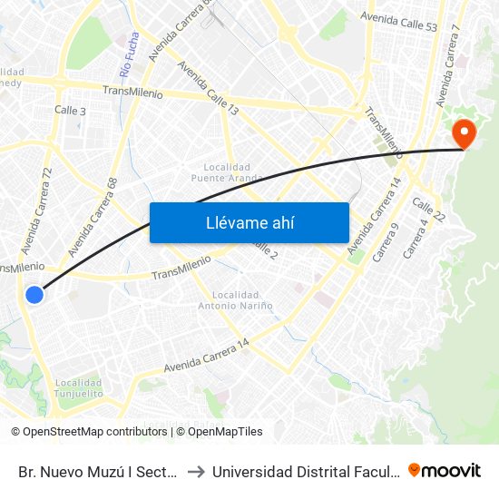 Br. Nuevo Muzú I Sector (Dg 51 Sur - Kr 54) to Universidad Distrital Facultad Del Medio Ambiente map