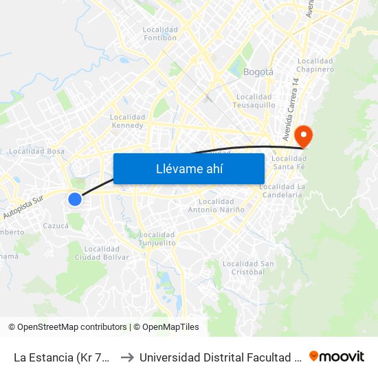 La Estancia (Kr 75 - Cl 59a Sur) to Universidad Distrital Facultad Del Medio Ambiente map