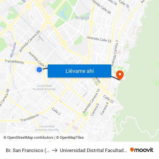 Br. San Francisco (Ak 50 - Tv 48) to Universidad Distrital Facultad Del Medio Ambiente map